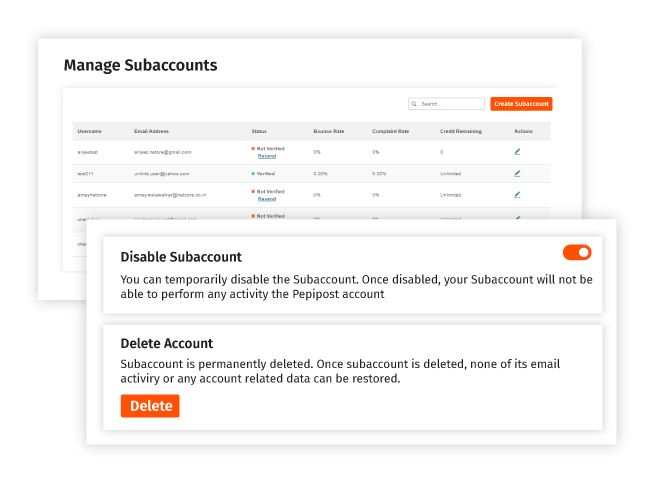 Enable and disable subaccounts anytime