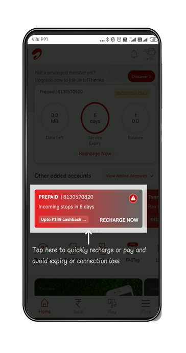 The Airtel app nudges users to recharge their account
