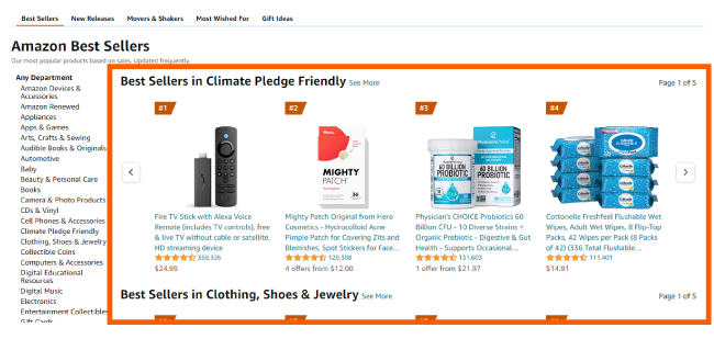 Bestseller recommendations across a category on Amazon