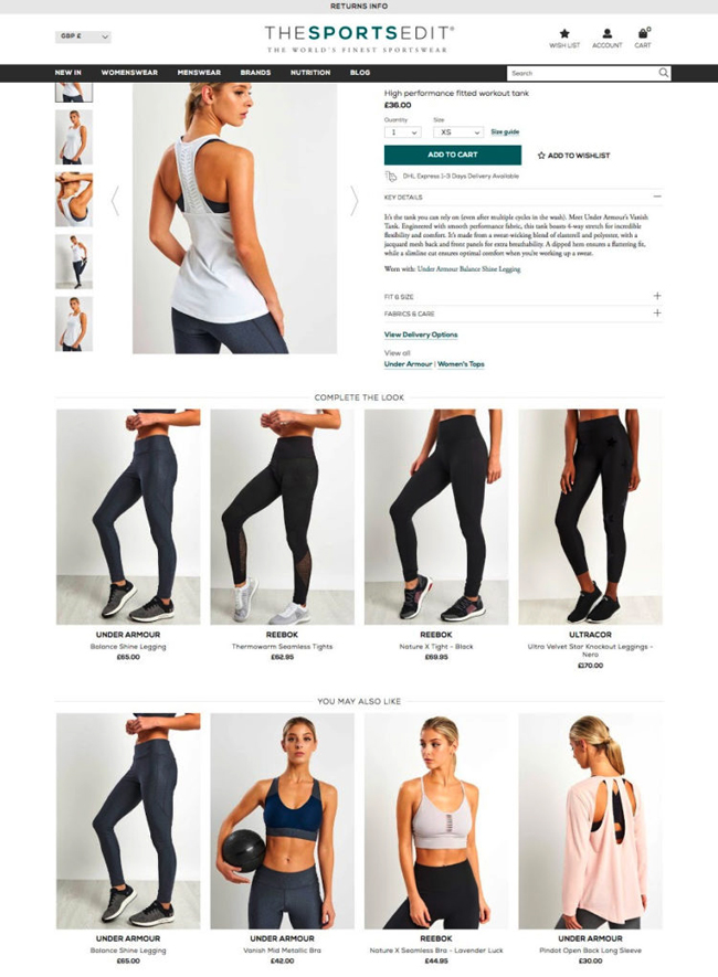 Complete the look recommendations on a website