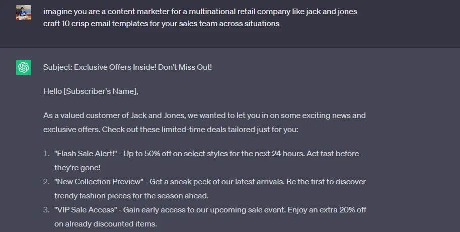 ChatGPT generates email marketing templates