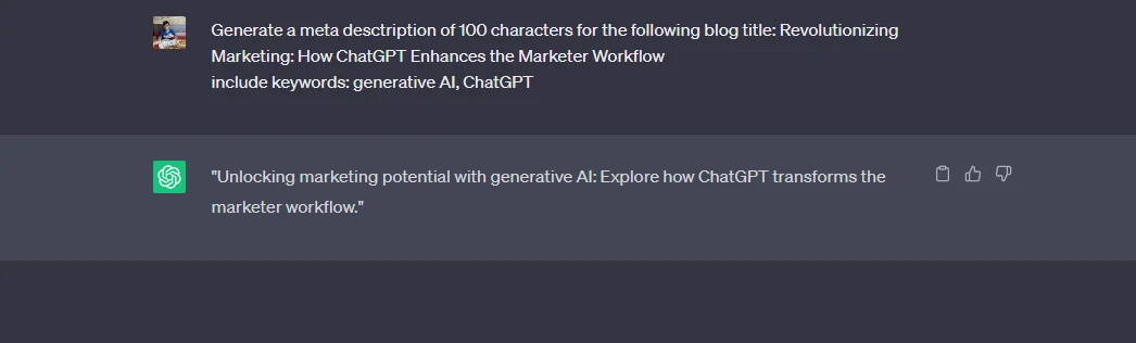 ChatGPT creating SEO optimized meta description
