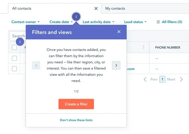 Hubspot's instructional tooltip