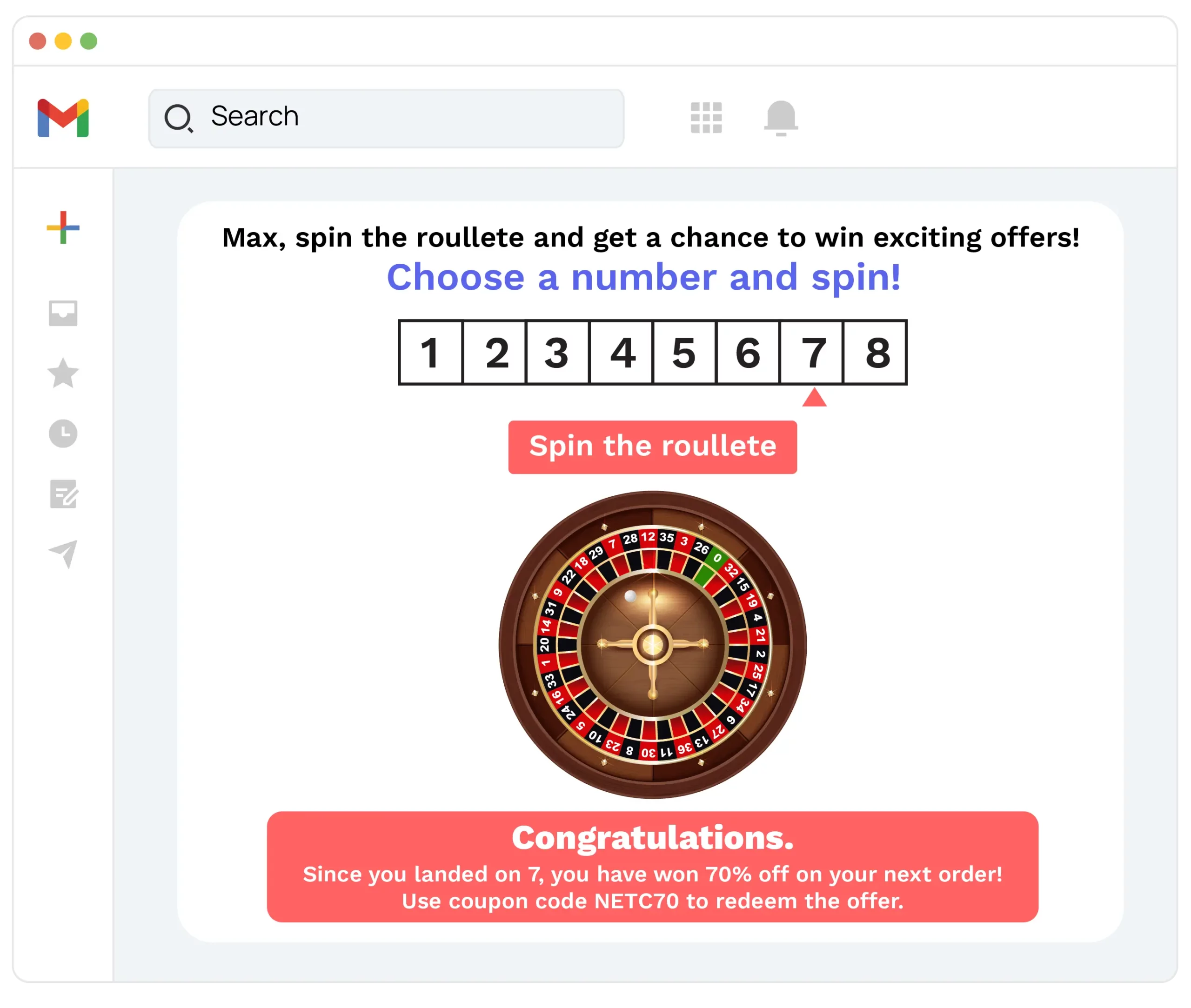 Spin the wheel functionality present in Inbox Commerce emails