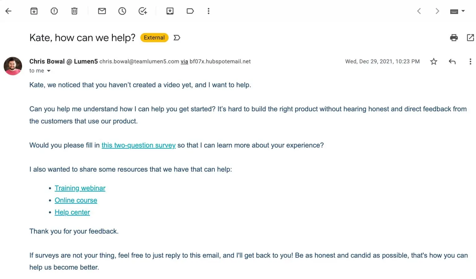 Lumen5 satisfaction survey email - Netcore