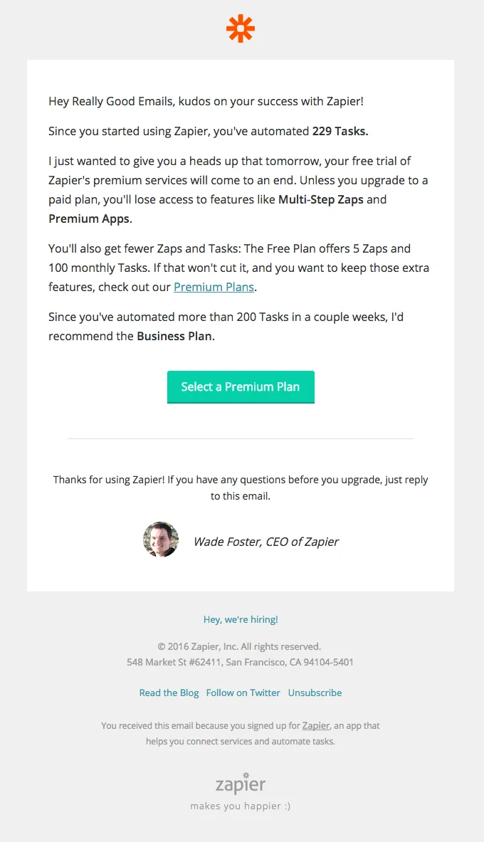 Zapier up-selling email - Netcore