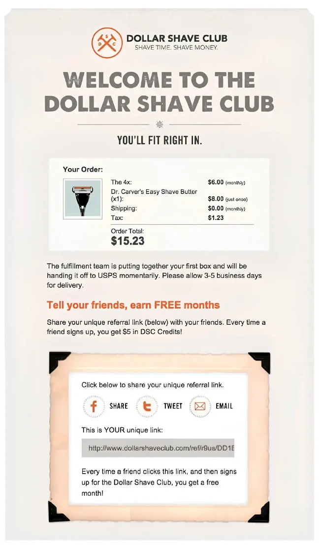 Dollar shave clubs humorous welcome emails | Netcore