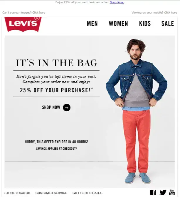 Levis: Abandoned cart re-engagement email | Netcore