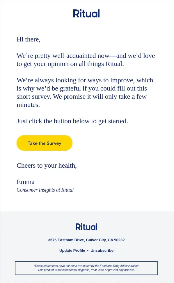 Ritual: Post-purchase survey email | Netcore