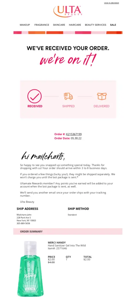 Ulta beauty: order status transactional emails | Netcore