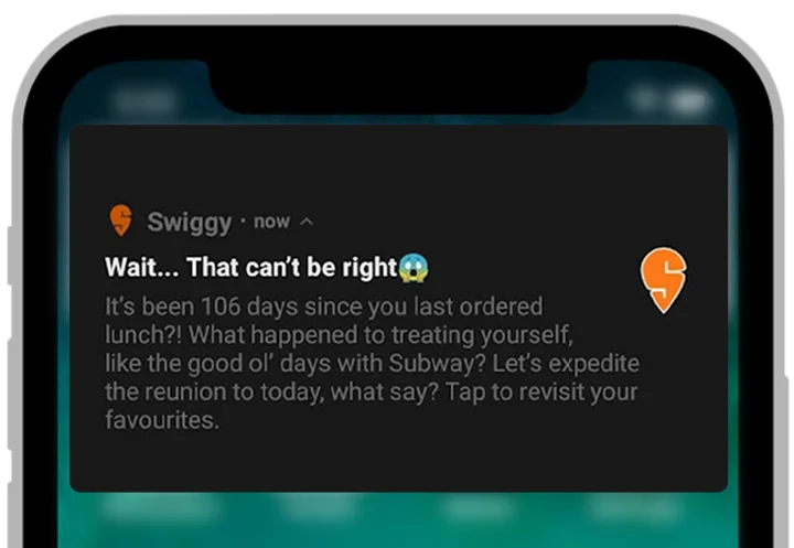 Swiggy push notification - customer engagement examples