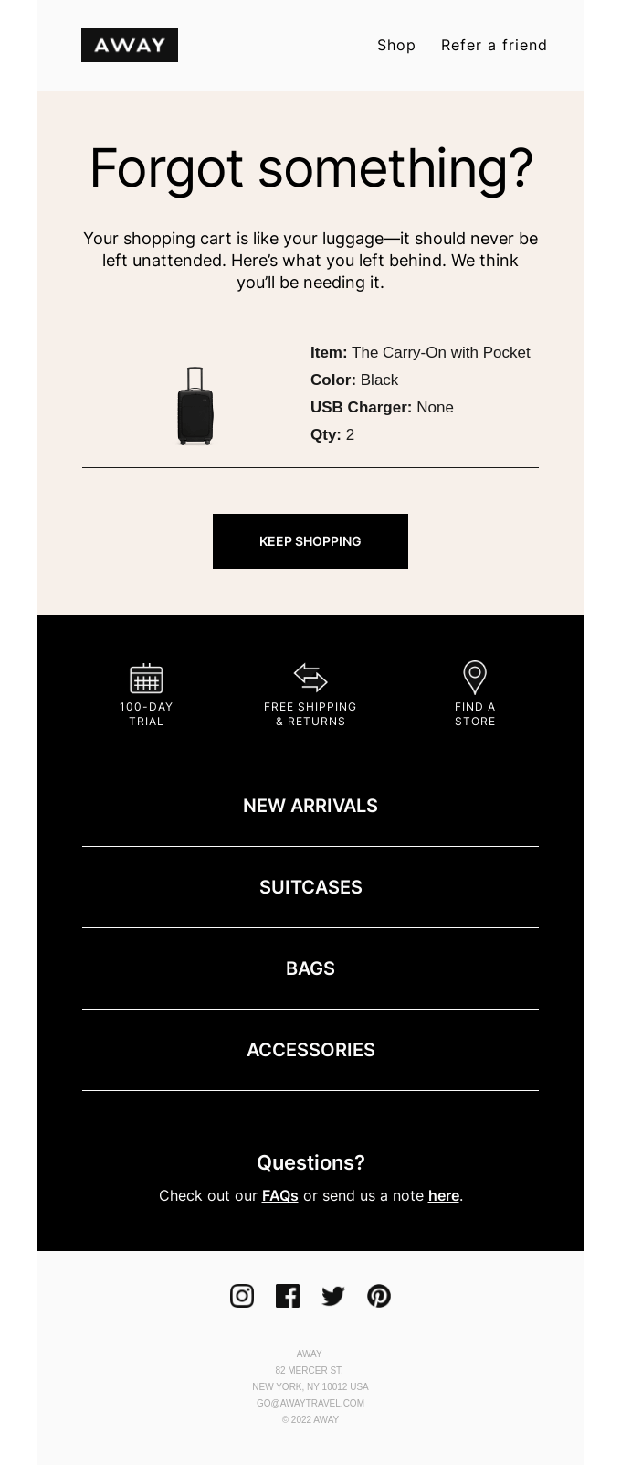 Away Abandoned Cart Email Example