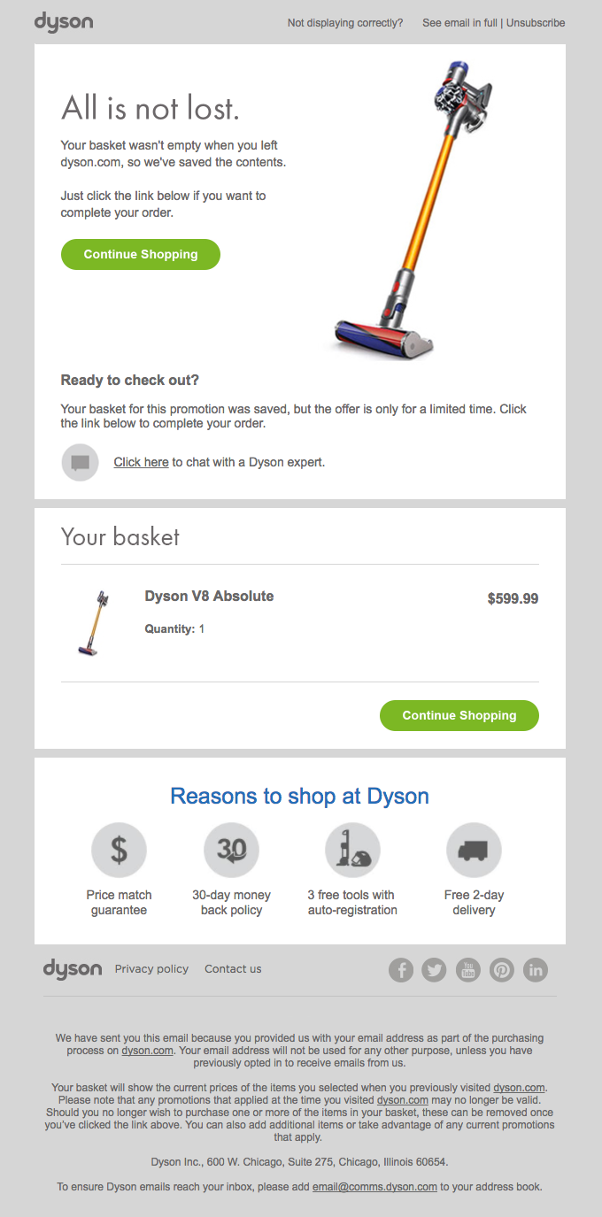 Dyson Abandoned Cart Email Example
