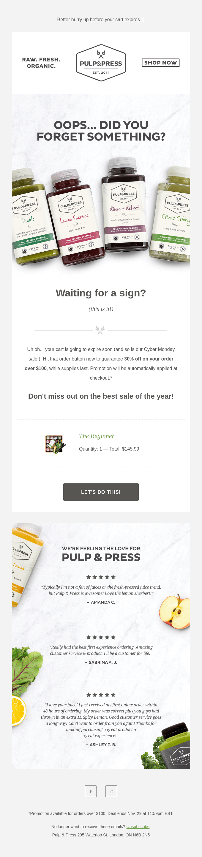 Pulp & Press Abandoned Cart Email Example