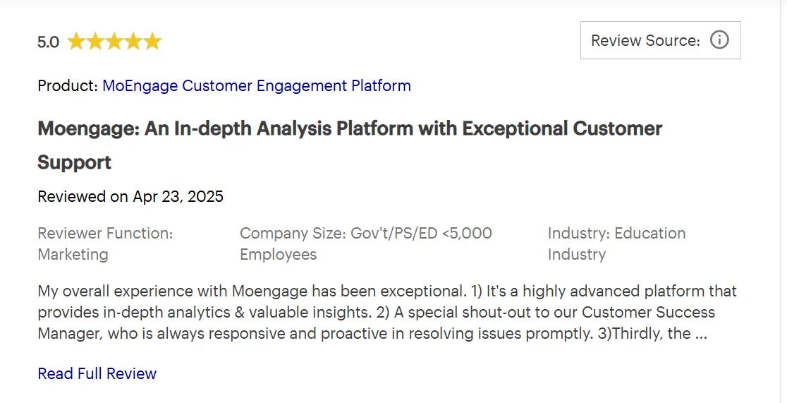 MoEngage review on Gartner